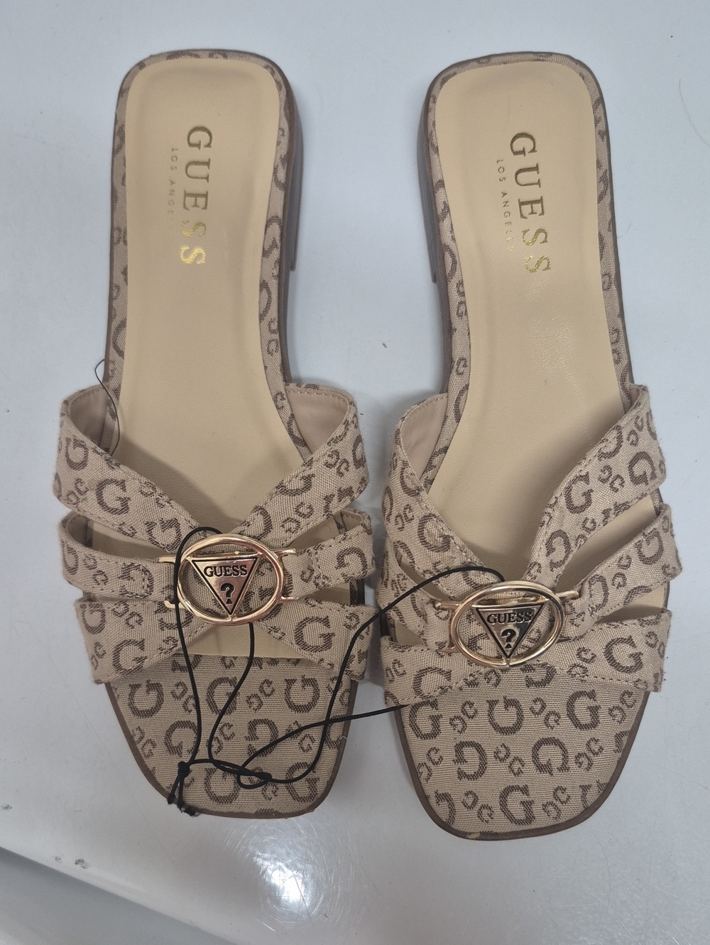 Nwt GUESS Beige Canvas Monogram Slide Mules with Gold Logo Medallions Size 6.5